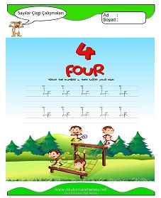 okul öncesi çocuklar için 4 Rakamı Çizgi çalışma sayfaları